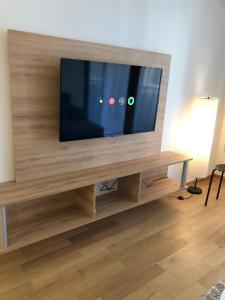 uma televisão de ecrã plano numa bancada de madeira numa sala de estar em Apartment IRIS em Novi Sad