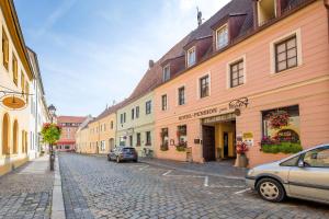 une rue pavée dans une ville avec des bâtiments dans l'établissement Hotel-Pension zum Markt, à Torgau