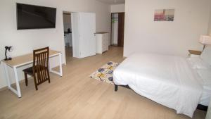 1 dormitorio con 1 cama, escritorio y TV en New Brookfields Hotel, en Freetown