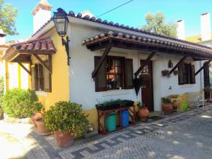 une petite maison jaune et blanche avec des plantes en pot dans l'établissement Casa Dos Arrabidos, à Torres Novas