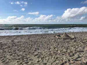 un château de sable sur une plage près de l'océan dans l'établissement Duenenhof-zum-Kronprinzen-Appm-60, à Wenningstedt