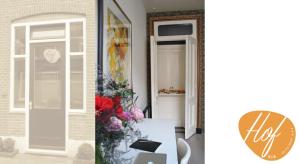 deux photos d'une porte et d'une table fleurie dans l'établissement Hof, a luxury B&B in the center of Eindhoven, à Eindhoven