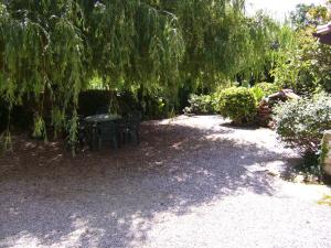 a patio with a table and chairs under a tree at Apartamentos Fernando in Santillana del Mar