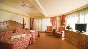 a bedroom with a bed and a tv and chairs at Hotel Riu Palace Tres Islas in Corralejo