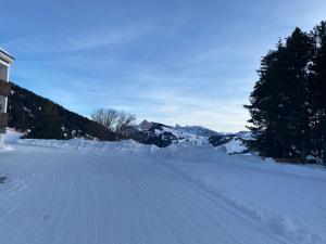 una carretera cubierta de nieve con árboles y montañas en Appartamento Alpe di Siusi, en Alpe di Siusi