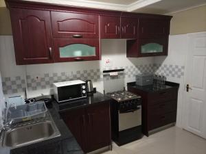 uma cozinha com armários vermelhos, um lavatório e um micro-ondas em Semuya Apartments em Ndola