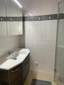 a bathroom with a sink and a shower at Amadeus Apartment in Baden