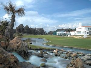 een rivier met rotsen en een palmboom en een golfbaan bij Parador de Málaga Golf in Málaga