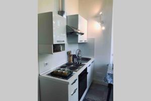 a white kitchen with a stove and a sink at Villa Peachey, Intero piano con giardino in Stresa