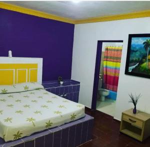 1 Schlafzimmer mit einem Kingsize-Bett und einem Badezimmer in der Unterkunft Hotel Kevin in San Felipe de Puerto Plata