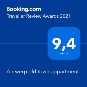 Ett certifikat, pris eller annat dokument som visas upp på Antwerp old town appartment