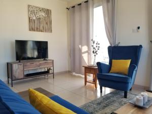 sala de estar con TV y silla azul en Penthouse Apartment Universal, en Pafos