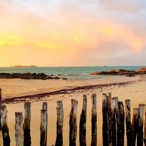 un grupo de postes de madera en la playa en Hôtel France et Chateaubriand, en Saint-Malo