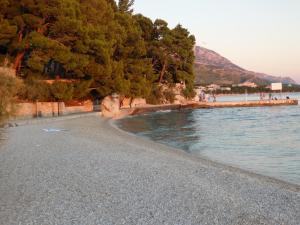 a beach with trees and water and a rocky shore at Apartmani Stipan in Brela