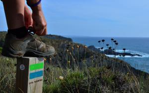 een persoon die op een houten paal staat met zijn schoen bij Casa do Viajante - Family in Zambujeira do Mar