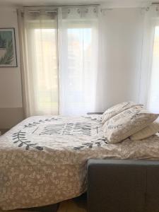 een bed met twee kussens in een slaapkamer bij Studio 30m2 - Au pied de la Gare - PARKING in Cergy