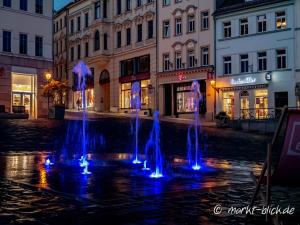 uma fonte no meio de uma rua da cidade à noite em Marktblick - Ferienwohnungen LAUM Altenburg em Altenburg