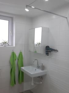 een witte badkamer met een wastafel en een spiegel bij Eisenstadt Apartments in Eisenstadt