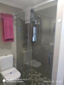 ein Bad mit einer Glasdusche und einem WC in der Unterkunft Maspalomas Experience Holiday House in Maspalomas