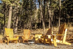 quatro cadeiras de madeira e um grelhador na floresta em Gateway Motel em Radium Hot Springs