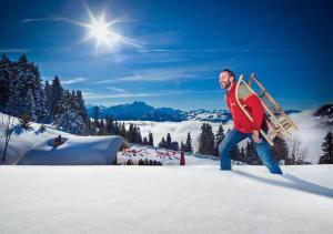 Ein Mann hält eine Leiter im Schnee in der Unterkunft Maison de Montagne de Bretaye accès par le train arrêt Bouquetin in Villars-sur-Ollon