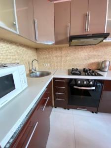 a small kitchen with a stove and a sink at Таунхаус 99 in Petropavlovskaya Borshchagovka