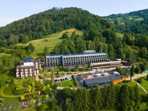 eine Luftansicht eines Hotels in den Bergen in der Unterkunft Hotel SPA Budowlani in Szczawnica