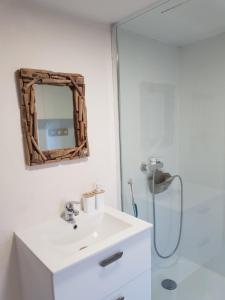 bagno con lavandino e specchio a parete di Studio Chantilly a Coye-la-Forêt