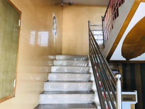 a staircase in a building with a metal railing at Ice Berg Deluxe Lodge in Kushālnagar