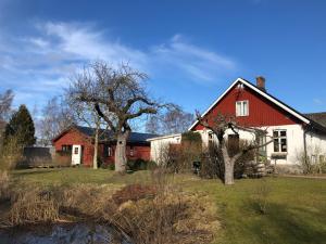 czerwono-biały dom z drzewami na dziedzińcu w obiekcie Villa Maria Garden Cottages, Helsingborg w mieście Helsingborg