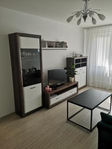 a living room with a television and a coffee table at Parko apartamentai in Panevėžys