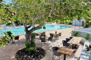 a tree with tables and chairs next to a pool at Casas Heddy, Well-being Resort in Puerto del Carmen