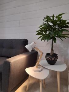 a lamp and a potted plant on a table next to a couch at Le cosy d'Amboise in Amboise