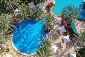 an overhead view of a swimming pool with palm trees at Shangri-La Barr Al Jissah, Muscat in Muscat