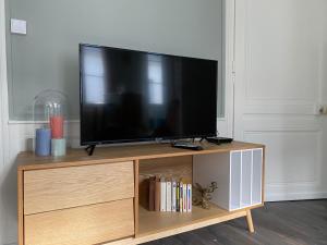 TV de pantalla plana en la parte superior de un centro de entretenimiento de madera en Le 4B - Le Tiki, en Rouen