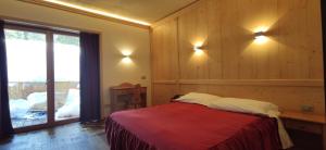 a bedroom with a bed and a sliding glass door at Albergo Chalet Lago Antorno in Misurina