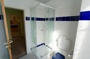 a bathroom with a glass shower and a toilet at Radfahrerherberge Krems in Krems an der Donau