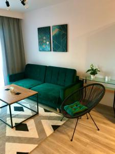 uma sala de estar com um sofá verde e uma cadeira em Apartament na Skrzypka em Cieszyn