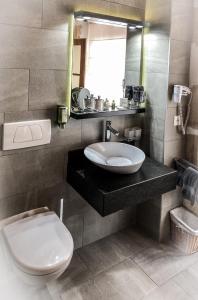 a bathroom with a sink and a toilet at Hôtel La Maison du Prussien in Neuchâtel