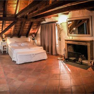 a bedroom with a bed and a fireplace at Hôtel La Maison du Prussien in Neuchâtel