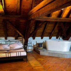 a bedroom with a bath tub in a attic at Hôtel La Maison du Prussien in Neuchâtel