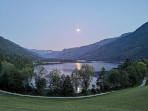 vista su un lago in mezzo a un campo di Landhaus Seereith a Faistenau