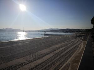 Elle offre une vue sur une plage où le soleil réfléchit sur l'eau. dans l'établissement Apartment Cannes Gallia Grand Park, à Cannes