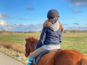 Una bambina che cavalca sul dorso di un cavallo di Wohlfühlurlaub auf dem Reit- und Ferienhof Goldberg a Leezdorf