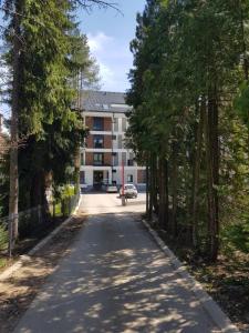 un camino vacío frente a un edificio de apartamentos en SunStone Apartment, en Zlatibor