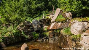 een waterval in een tuin met rotsen en bomen bij “Family аpart - Смолянски езера“ in Smolyan