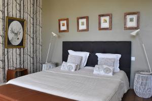 a bedroom with a large bed with pillows and a clock at La Tillaie SPA et Sauna in Pont-lʼAbbé-dʼArnoult