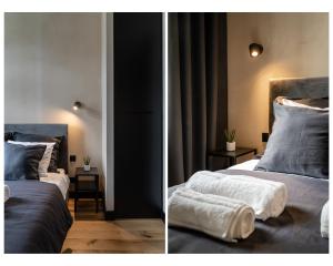 ソポトにあるMorning Light Sopot Apartmentのベッド2台付きのベッドルームの写真2枚