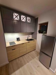 una cucina con armadi in legno e frigorifero in acciaio inossidabile di Apartament Jurata Deluxe a Jurata