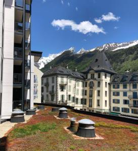 eine Gruppe von Gebäuden mit Bergen im Hintergrund in der Unterkunft Ladybird Inn in Chamonix-Mont-Blanc